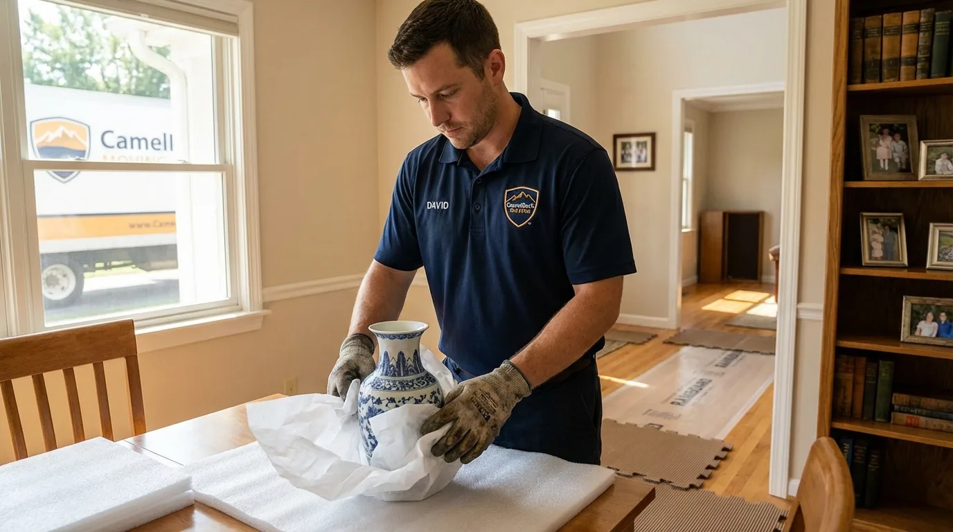 Professional crew carefully wrapping antique vase for senior downsizing move in Hardinsburg, KY